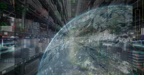 Composition of financial data processing with globe over stacked up shelves in 库存照片