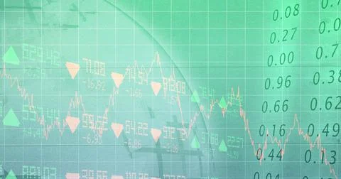 Composition of financial data processing on green background Foto stock