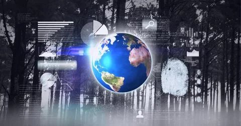 Composition of financial data processing over globe and forest in background Illustrazione stock