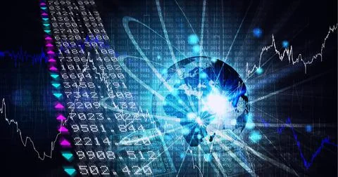 Composition of financial data processing over globe on blue background Stock Illustration