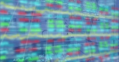 Composition of financial data processing over desk with laptop in office Illustrazione stock