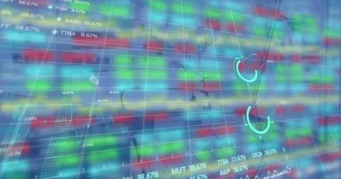 Composition of financial data processing over desk with laptop in office Ilustração Stock