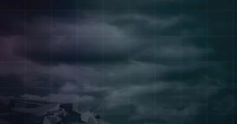 Composition of financial data processing over stormy cloud background Illustrazione stock