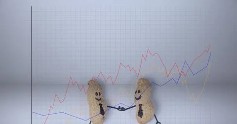 Composition of financial data processing over peanuts handshake Stock Photos