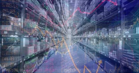 Composition of financial data processing over stacked up shelves in warehouse Stock Photos