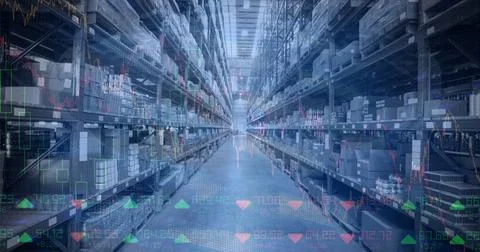 Composition of financial data processing over stacked up shelves in warehouse Stock Photos