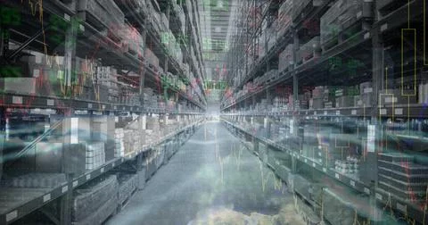 Composition of financial data processing over stacked up shelves in warehouse 库存照片