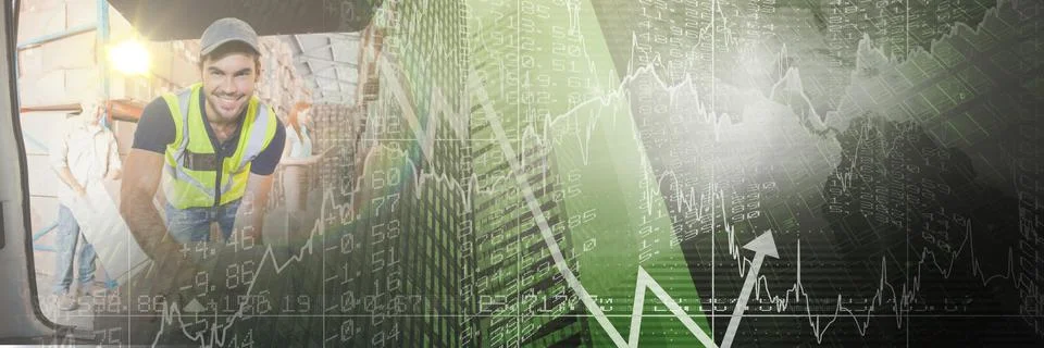 Composition of financial data processing over delivery man and warehouse 库存照片