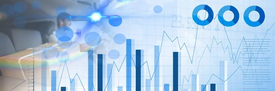 Composition of financial data processing over delivery man driving van Stock Photos