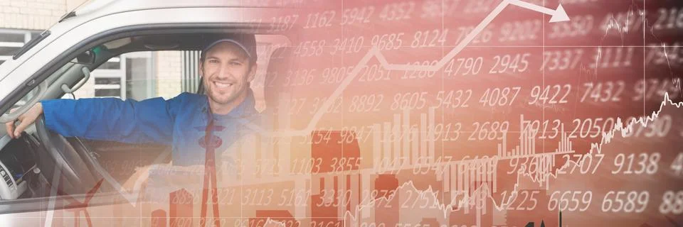 Composition of financial data processing over smiling delivery man in van Stock Photos