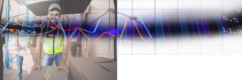 Composition of financial data processing over smiling delivery man Stock Photos