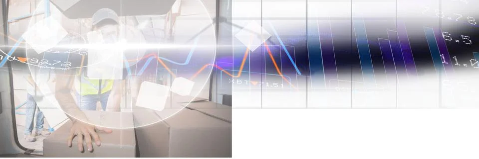 Composition of financial data processing over delivery man moving parcels in van Stock Photos