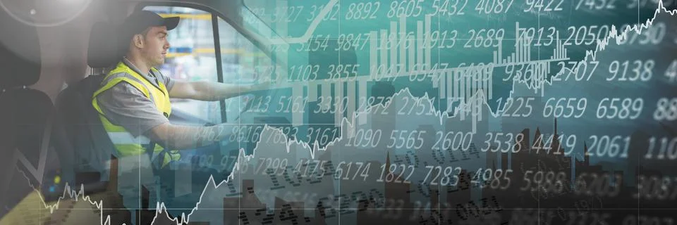 Composition of financial data processing over delivery man driving van 스톡 사진