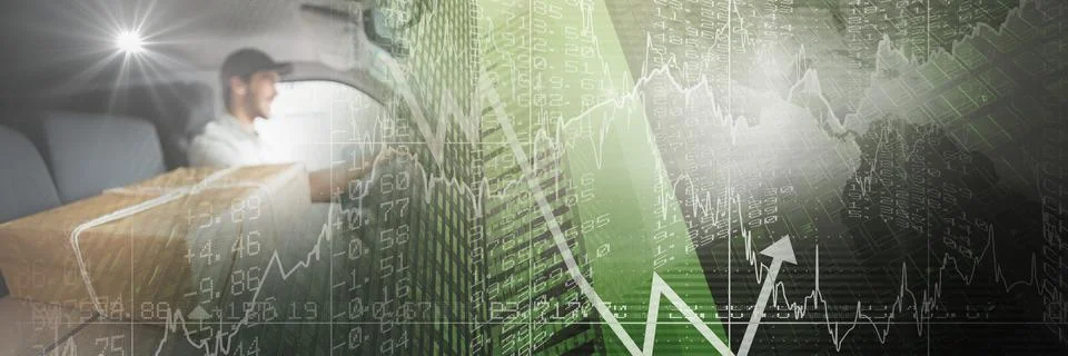 Composition of financial data processing over parcels and smiling delivery man Foto stock