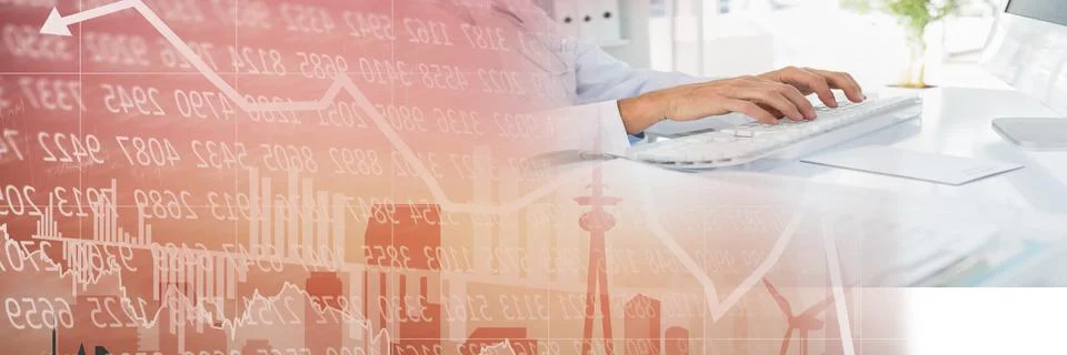 Composition of financial data processing over female doctor using computer 스톡 사진