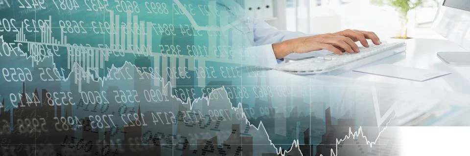 Composition of financial data processing over female doctor using computer Stockfoto's