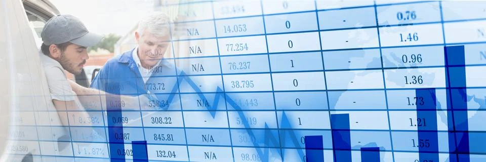 Composition of financial data processing over delivery man Foto stock