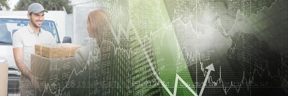 Composition of financial data processing over delivery man delivering parcel Stock Photos