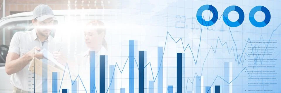 Composition of financial data processing over delivery man delivering parcel Stock Photos