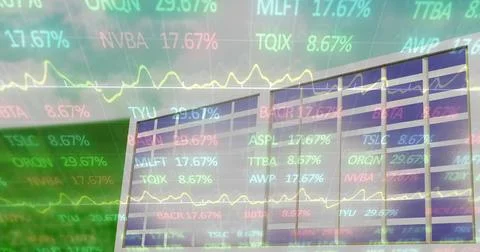 Composition of financial data processing over solar panel Foto stock