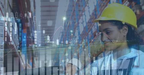 Composition of financial data processing over woman working in warehouse Stock Photos