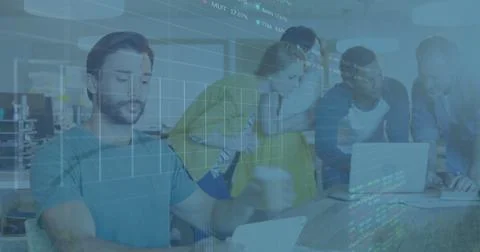 Composition of financial data processing over diverse business people using Stock Photos