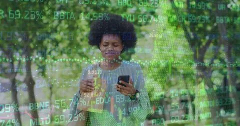 Composition of financial data processing over african american woman using Stock Photos