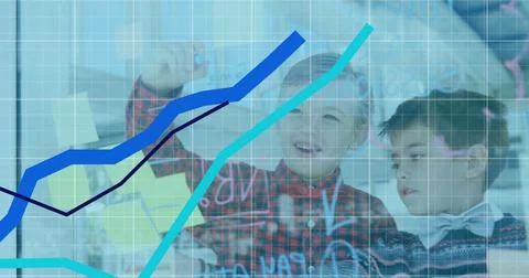 Composition of financial data processing over diverse kids in background Stock Photos