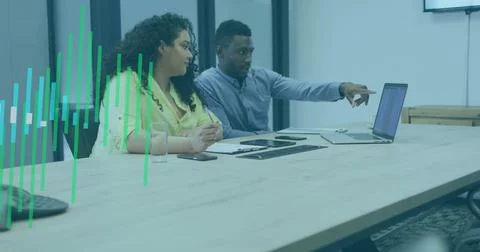 Composition of financial data processing over diverse business people using Stock Photos