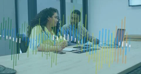 Composition of financial data processing over diverse business people using Stock Photos