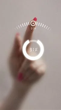 Composition of finger with pink nail pressing futuristic digital loading Stock Photos