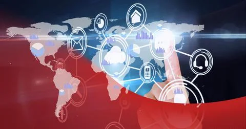 Composition of finger touching interactive screen with network of icons Stock Illustration