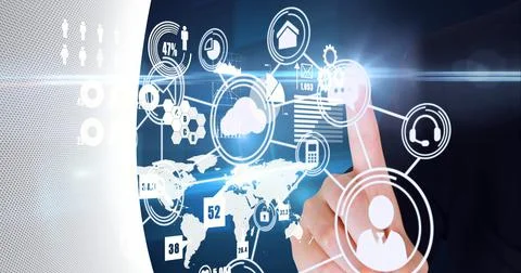 Composition of finger touching interactive screen with network of icons Stock Photos