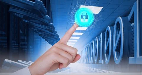 Composition of finger touching online security padlock over binary coding 库存照片