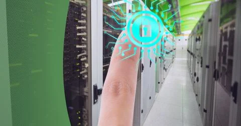 Composition of finger touching screen with padlock icon and data processing Stock Photos