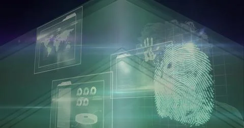 Composition of fingerprint and interactive screen with data processing Illustrazione stock