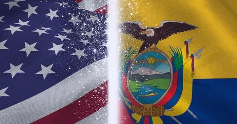 Composition of flags of america and ecuador billowing with a glowing white Stock Illustration
