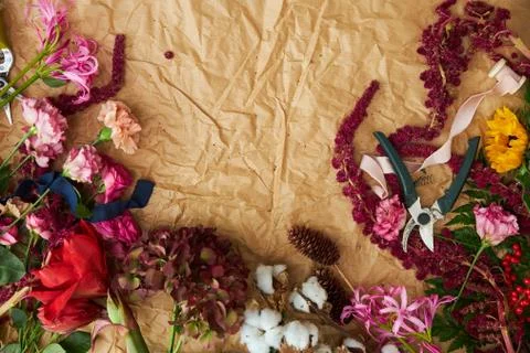 Composition flat-lay of flowers and florists instruments on parchment paper Foto stock
