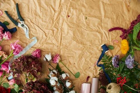 Composition flat-lay of flowers and florists instruments on parchment paper Stock Photos