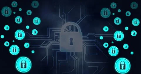 Composition of floating blue padlock icons over grey padlock and circuitboard on Stock Illustration