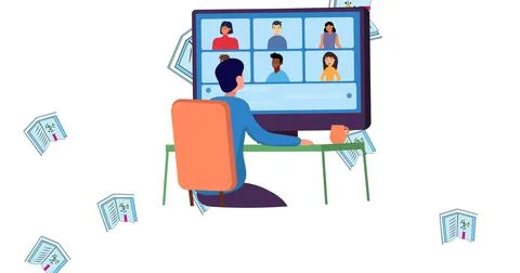 Composition of floating textbooks and person using computer for video conference Illustrazione stock