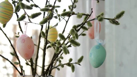Composition of flowering willow and Easter eggs Stock Footage 181027851