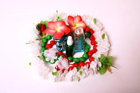 Composition of flowers and shells. Paraphernalia, environment Thai, Hawaiian  Stock Photos