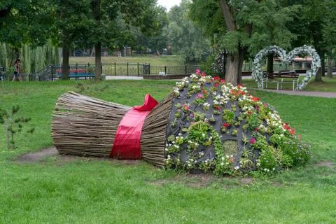 Composition of flowers and tree trunks in the form of a recumbent bouquet Stock Photos