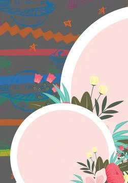 Composition of flowers over pink circles with copy space on hand drawn pattern Stockillustratie