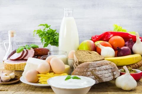 Composition food products table Stock Photos