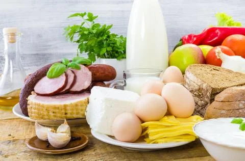 Composition food products table Stock Photos