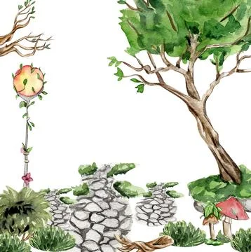 Composition with forest fairy, green tree and bushes . Watercolor hand drawn  Stock Illustration