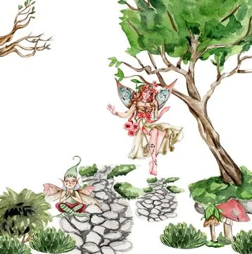 Composition with forest fairy, green tree and bushes . Watercolor hand draw.. Stock Illustration