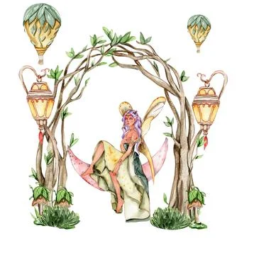 Composition with forest fairy, green tree and bushes . Watercolor hand drawn  Illustrazione stock